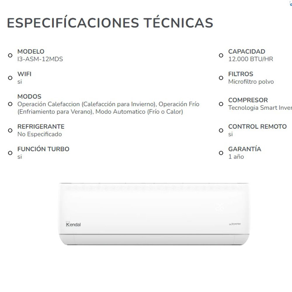 Aire Acondicionado Split Frio-calor Inverter 18000 Btu Wifi Kendal image number 3.0