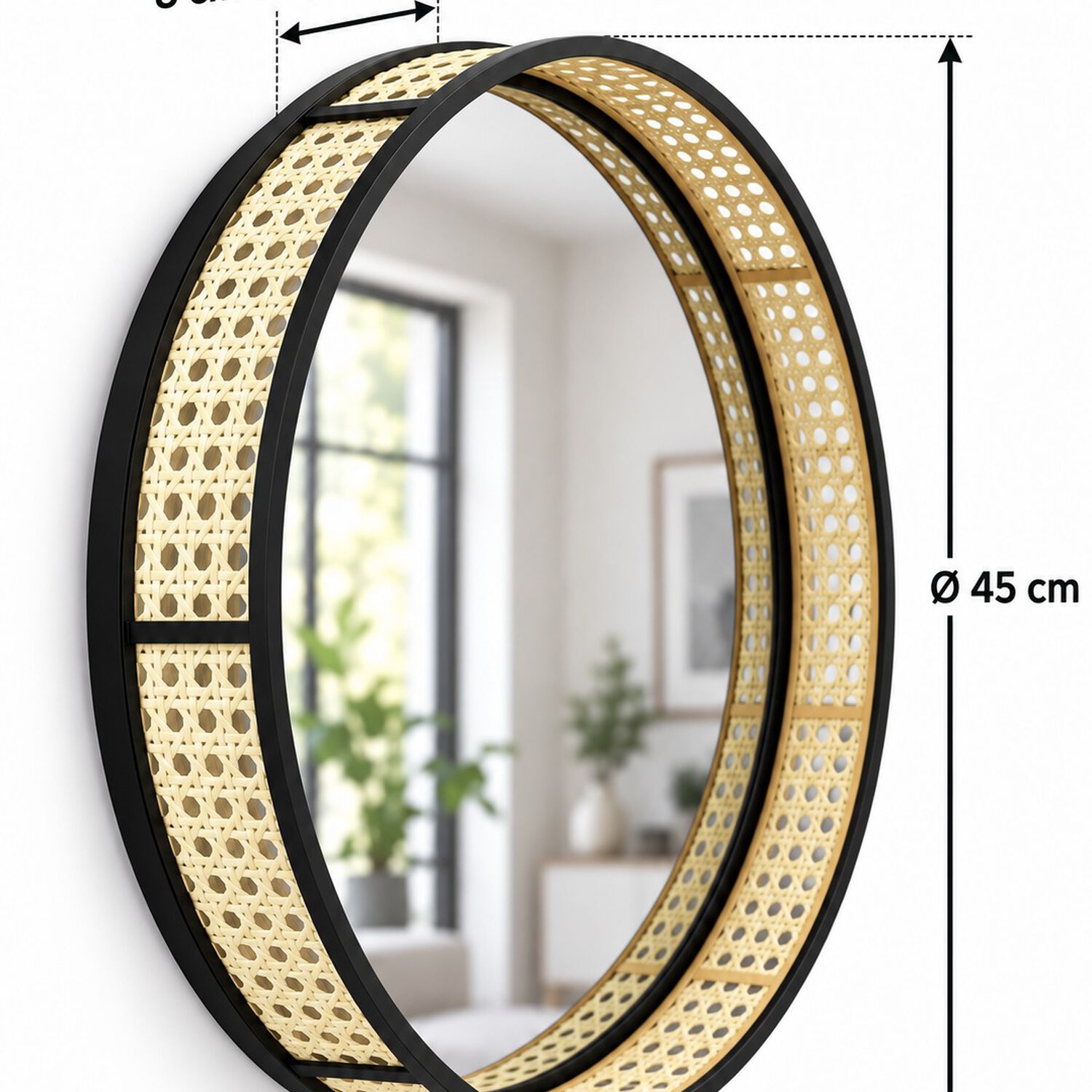 Espejo Circular De Pared Decorativo Rat&aacute;n Sint&eacute;tico Y Marco Metal Negro 45 Cm image number 7.0