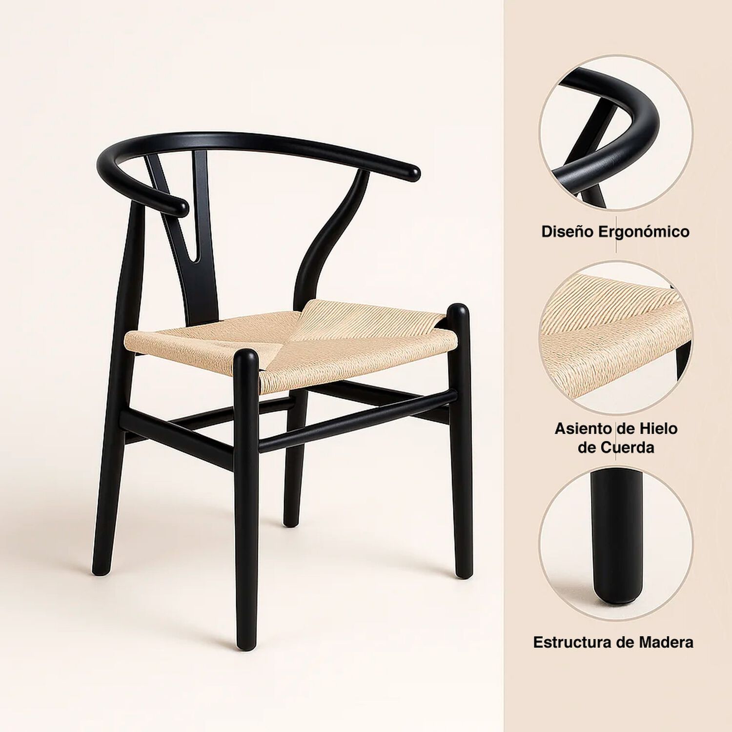 Silla Wishbone Madera Negra Y Asiento Claro image number 9.0