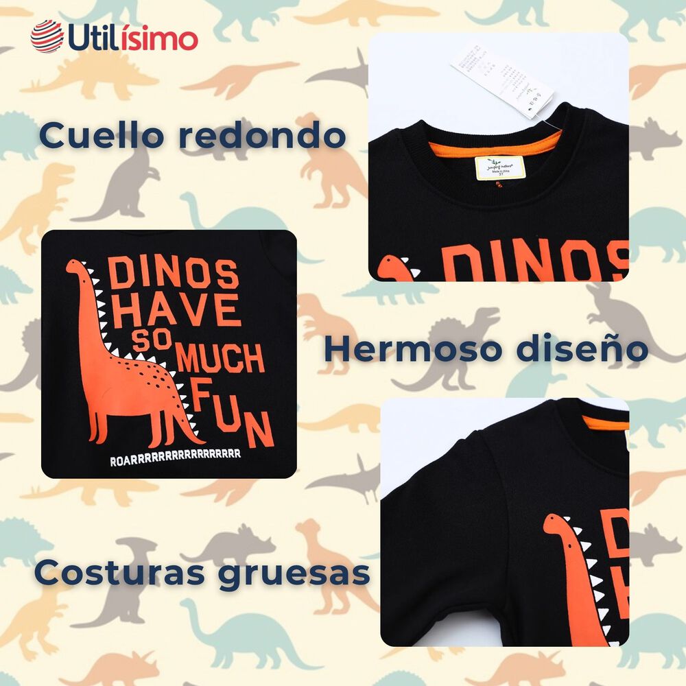 Poler&oacute;n Ni&ntilde;o Manga Larga 100% Algod&oacute;n Negro Dinosaurios image number 3.0