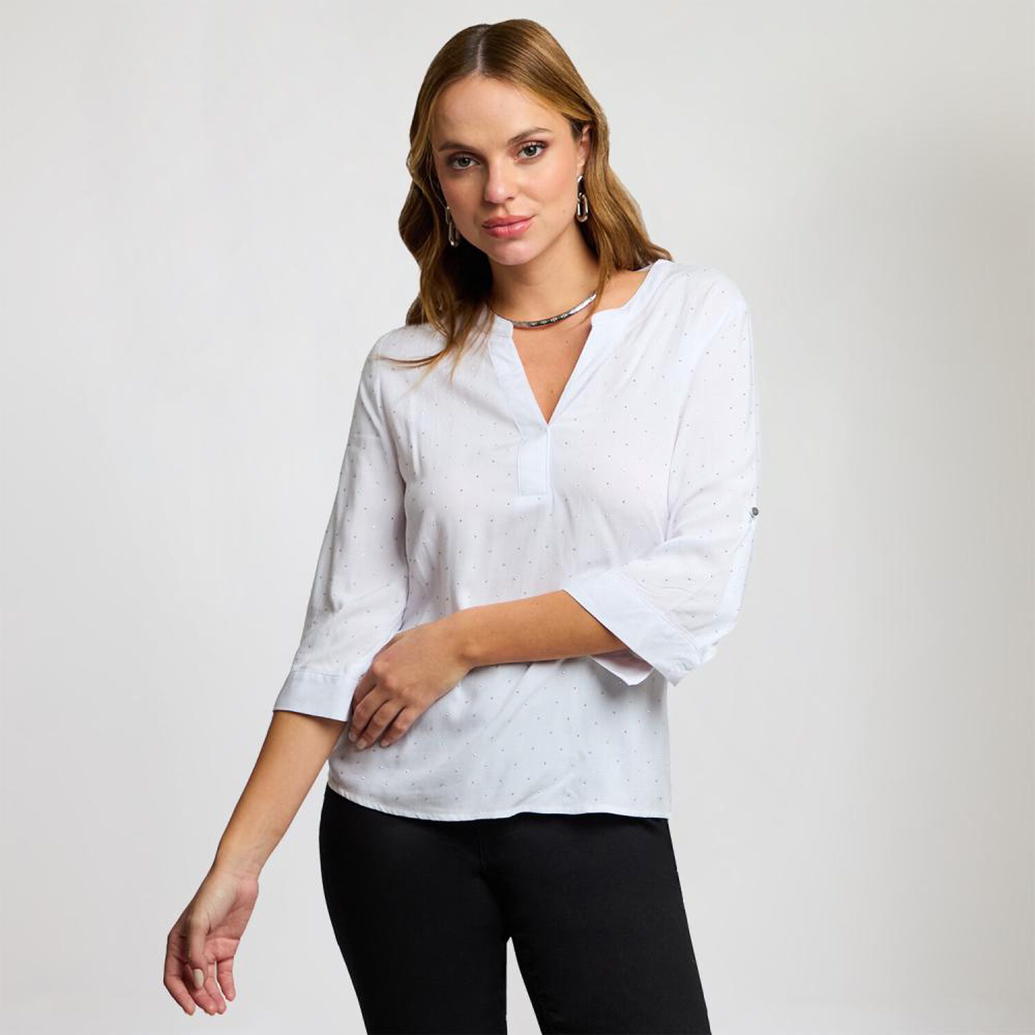 Blusa Aplicaci&oacute;n Strass Manga Larga Cuello V Mujer Kimera image number 0.0