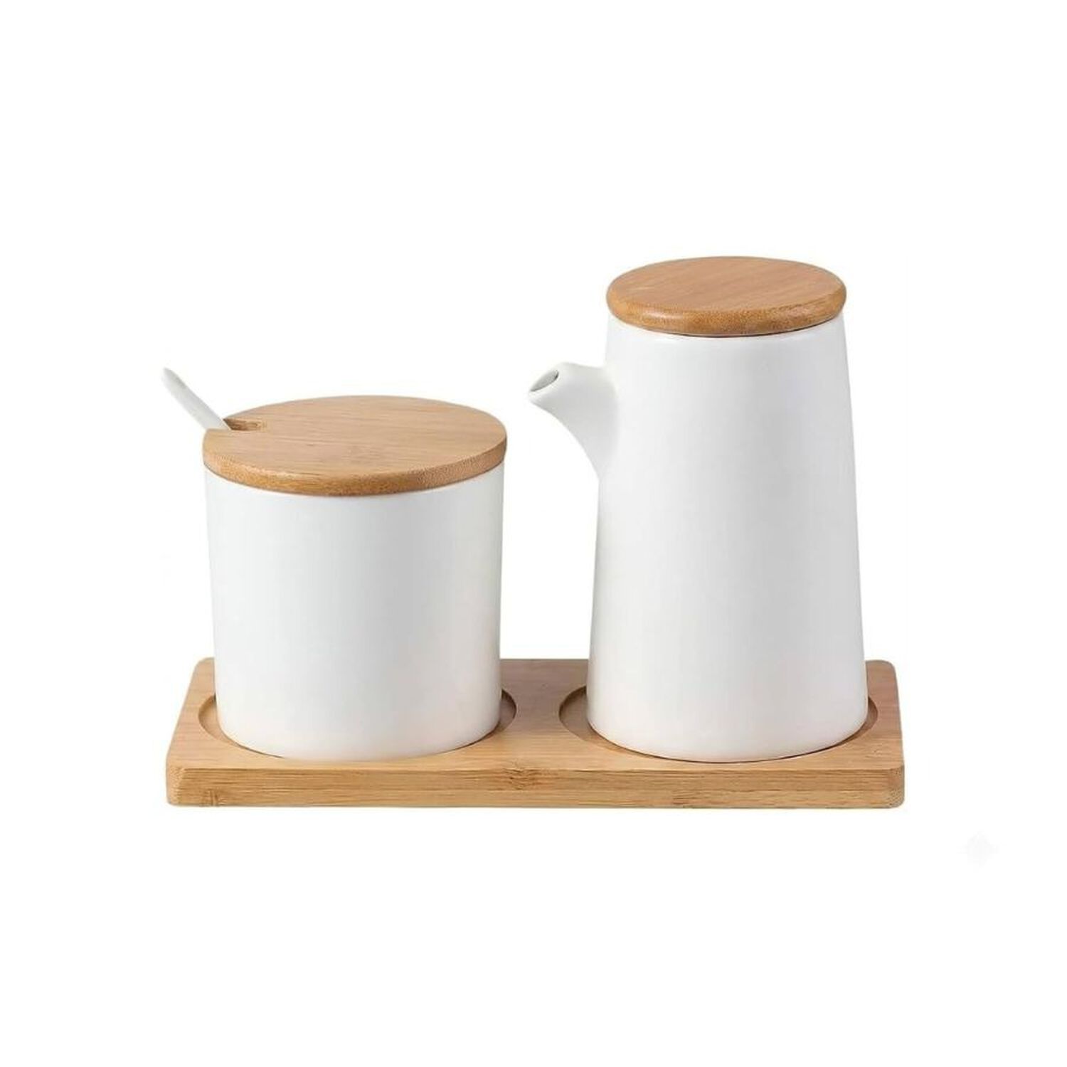 Set 2 Condimenteros Cer&aacute;mica Blanca Tapa Bamb&uacute; Bandeja Cocina image number 0.0