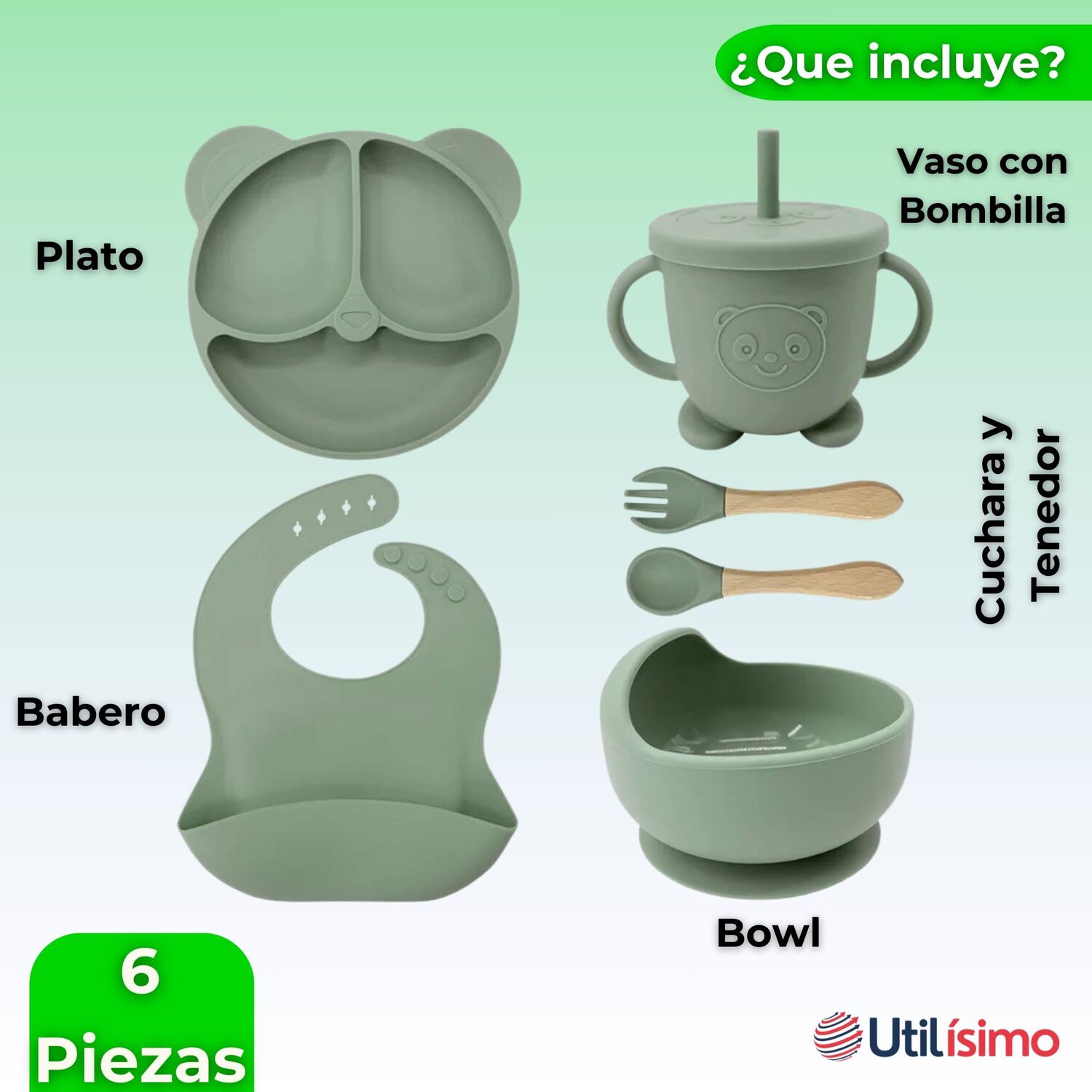 Set De Alimentaci&oacute;n Beb&eacute; Silicona De Oso 6 Piezas Libre Bpa Color Verde image number 6.0