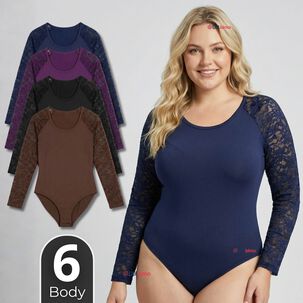 Pack 6 Bodys Cuello Redondo Manga Larga Con Encaje Bamb&uacute; Mujer Colores Surtidos