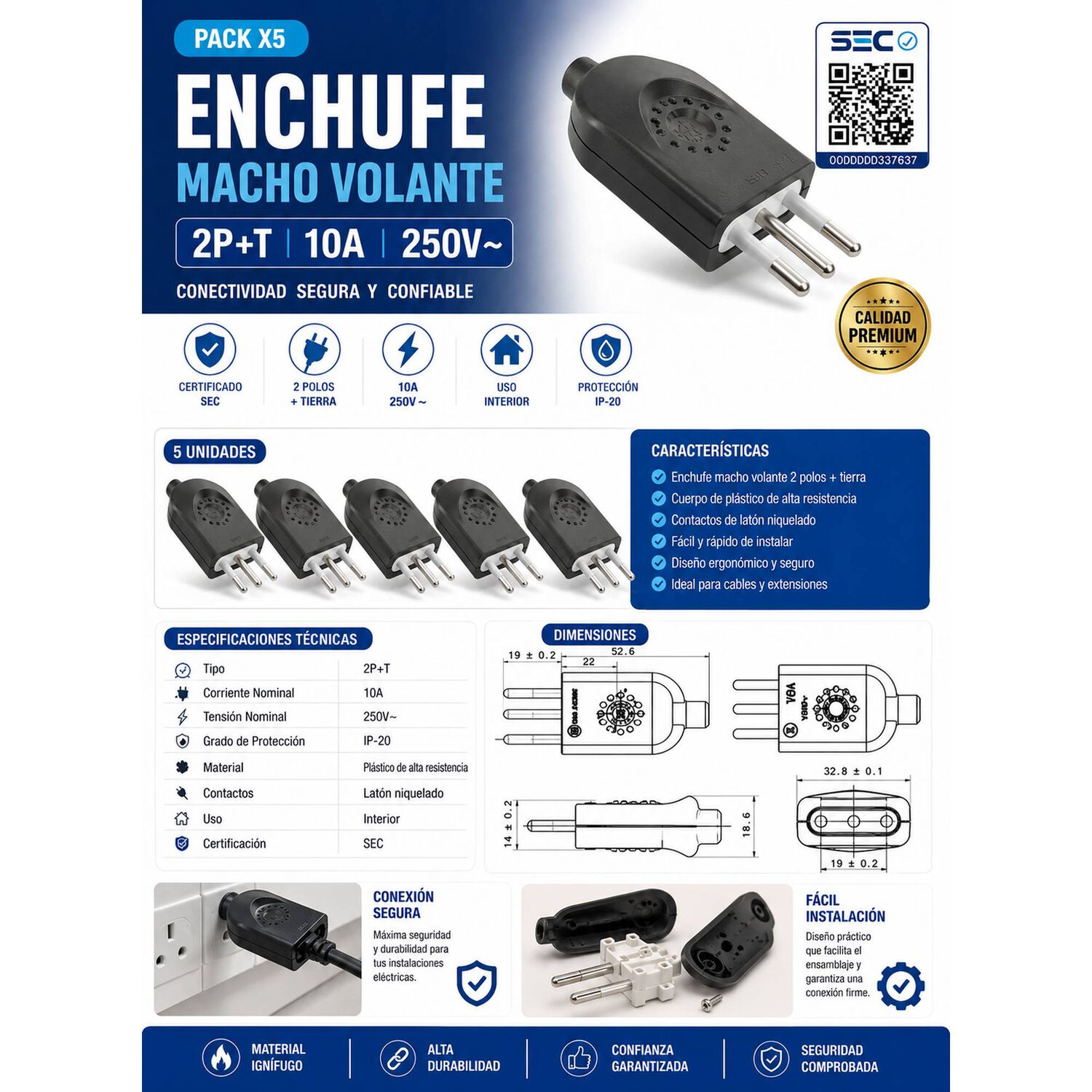 Pack 5 Enchufe Macho Volante 2p+t 10a 250v Certificado image number 6.0