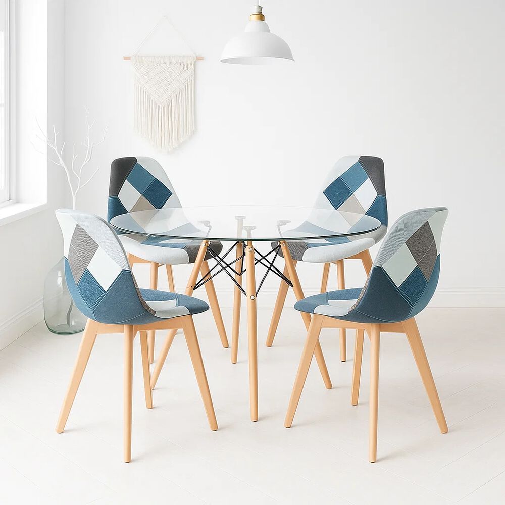 Comedor Mesa Eames Redonda Vidrio 100cm + 4 Sillas Eames Patchwork Tela Wood Celeste image number 1.0