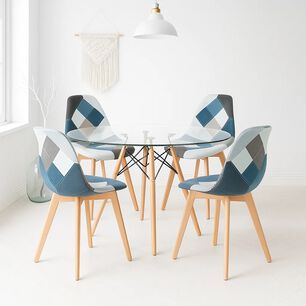 Comedor Mesa Eames Redonda Vidrio 100cm + 4 Sillas Eames Patchwork Tela Wood Celeste