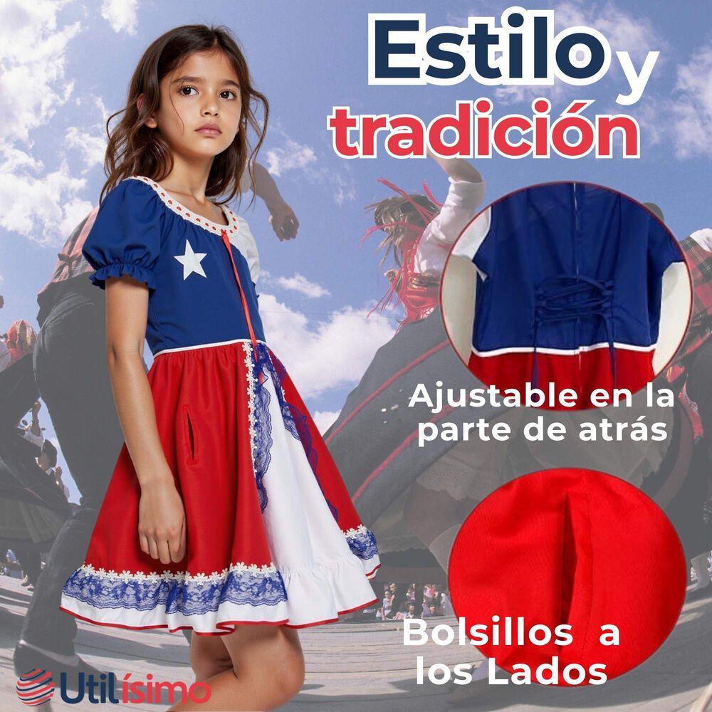 Vestido Huasa Ni&ntilde;a Bandera Chilena Fiestas Patrias image number 3.0