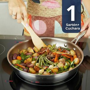 Sartén Acero Inoxidable Antiadherente 24cm +cuchara De Madera De Bambú