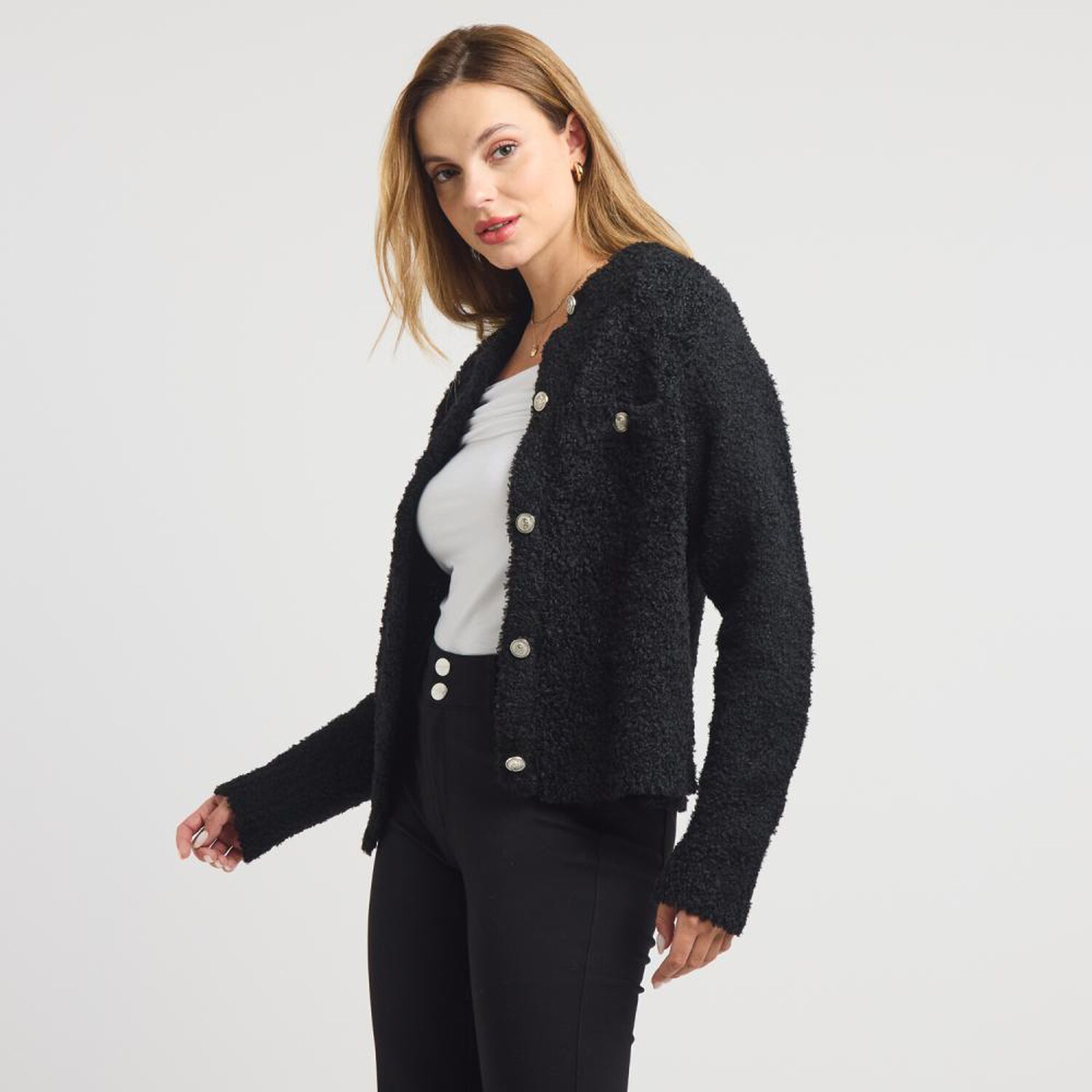 Sweater Cardigan Boucle Manga Larga Cuello Redondo Mujer Kimera image number 2.0