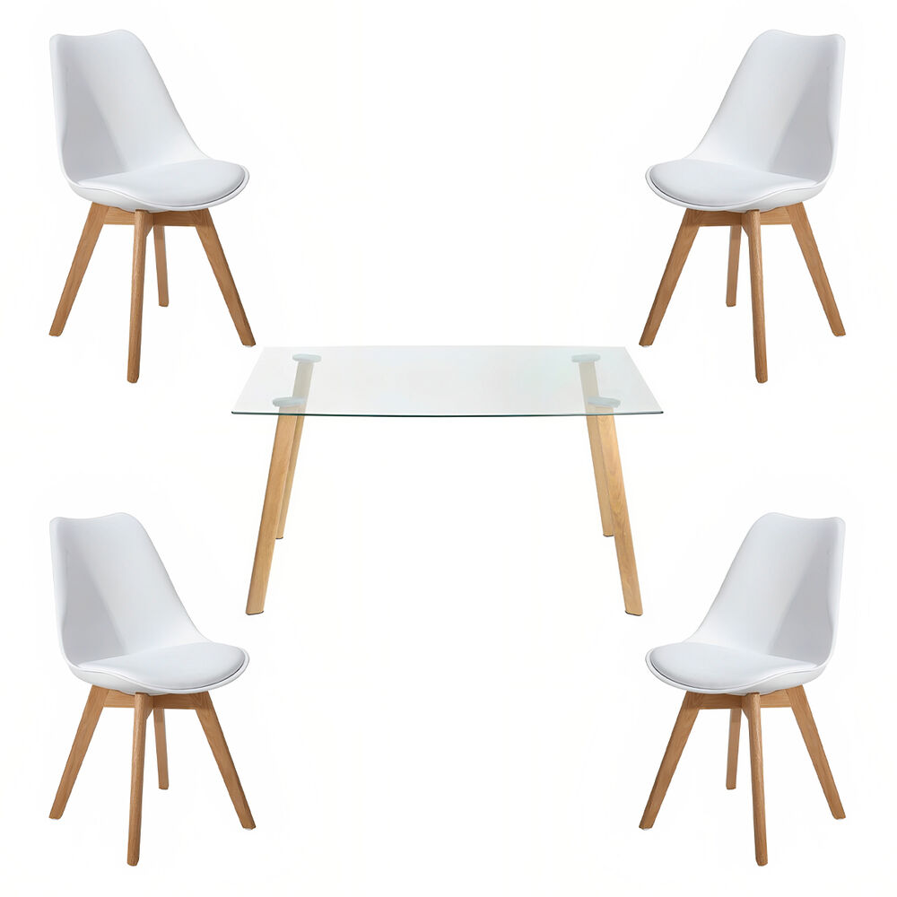 Comedor Mesa De Vidrio Nórdica 140x90 Cm + 4 Sillas Tulip Blancas image number 0.0