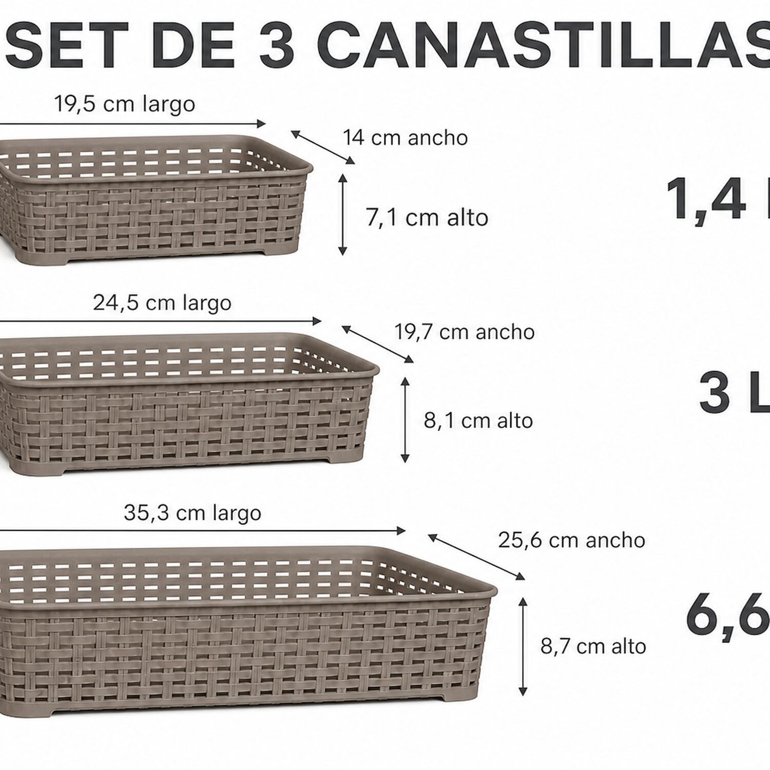 Set De 3 Canastillas Canastas Organizadores Multiusos Tavarua Reyplast Color Taupe image number 2.0