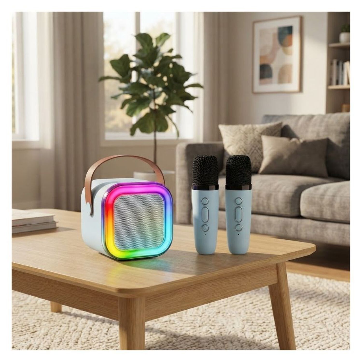 Mini Karaoke Bluetooth Con 2 Micr&oacute;fonos Inal&aacute;mbricos Luces Led Azul image number 3.0