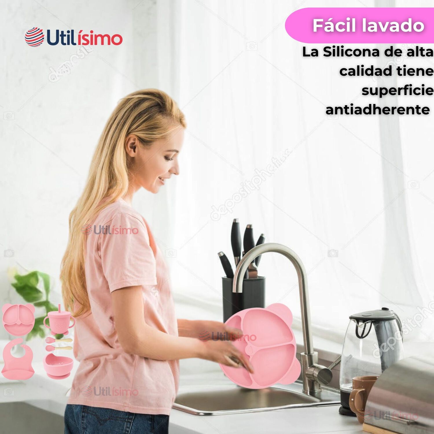 Set De Alimentaci&oacute;n Beb&eacute; Silicona De Oso 6 Piezas Libre Bpa Color Rosa Claro image number 8.0