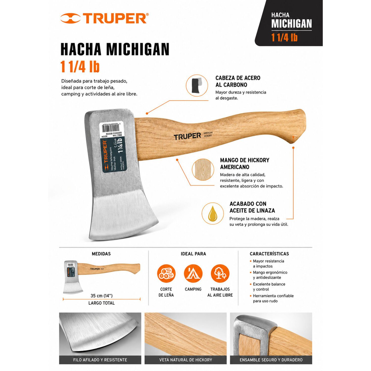 Hacha Cazador 1-1/4 Lb, Mango Hickory 14 , Truper image number 5.0