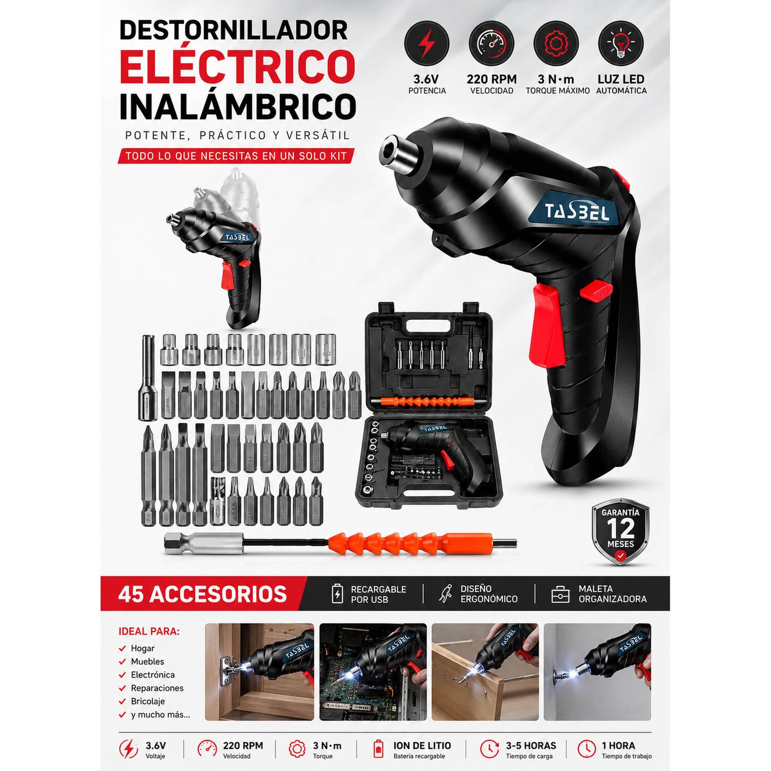 Taladro Destornillador Inal&aacute;mbrico Recargable + Accesorios image number 10.0