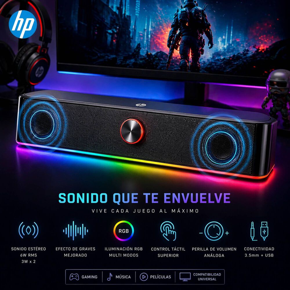 Soundbar Hp Multimedia Stereo Con Luces Rgb 6 Watts Dhe-6003 image number 5.0