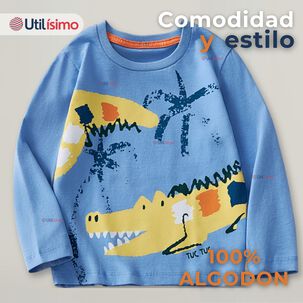 Polera Manga Larga Ni&ntilde;o 100% Algod&oacute;n Cocodrilo Azul Camiseta