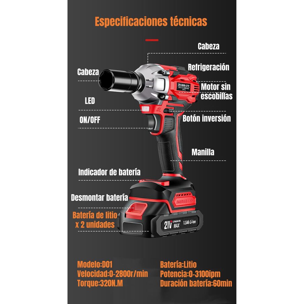 Kit Llave De Impacto Inal&aacute;mbrica Taladro Pistola 2 Bater&iacute;as image number 6.0