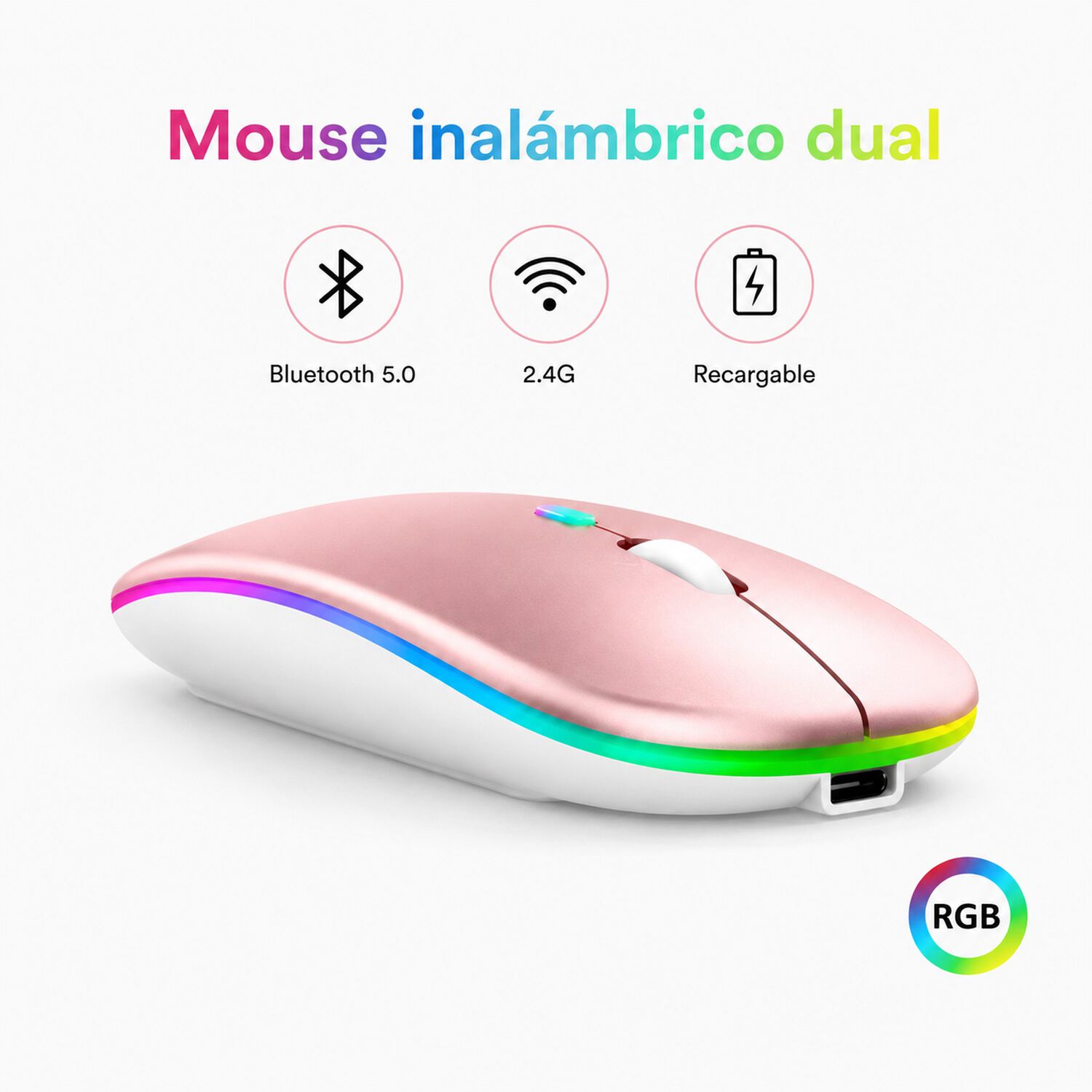 Mouse Dual Inal&aacute;mbrico Rosado Recargable Bluetooth + Usb 2g image number 8.0