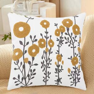Cojin Bordado 45x45 Cm Flor Gris Mostaza