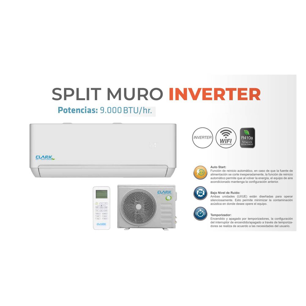 Aire Acondicionado Tipo Split Muro Inverter De 9000 Btu Wifi Clark + Instalacion Basica En Rm image number 0.0