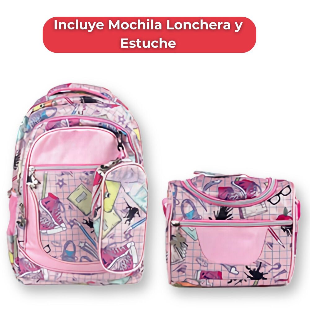 Pack Mochila Lonchera Estuche 45cm Juvenil Y Escolar Girls Geometric Pink image number 2.0