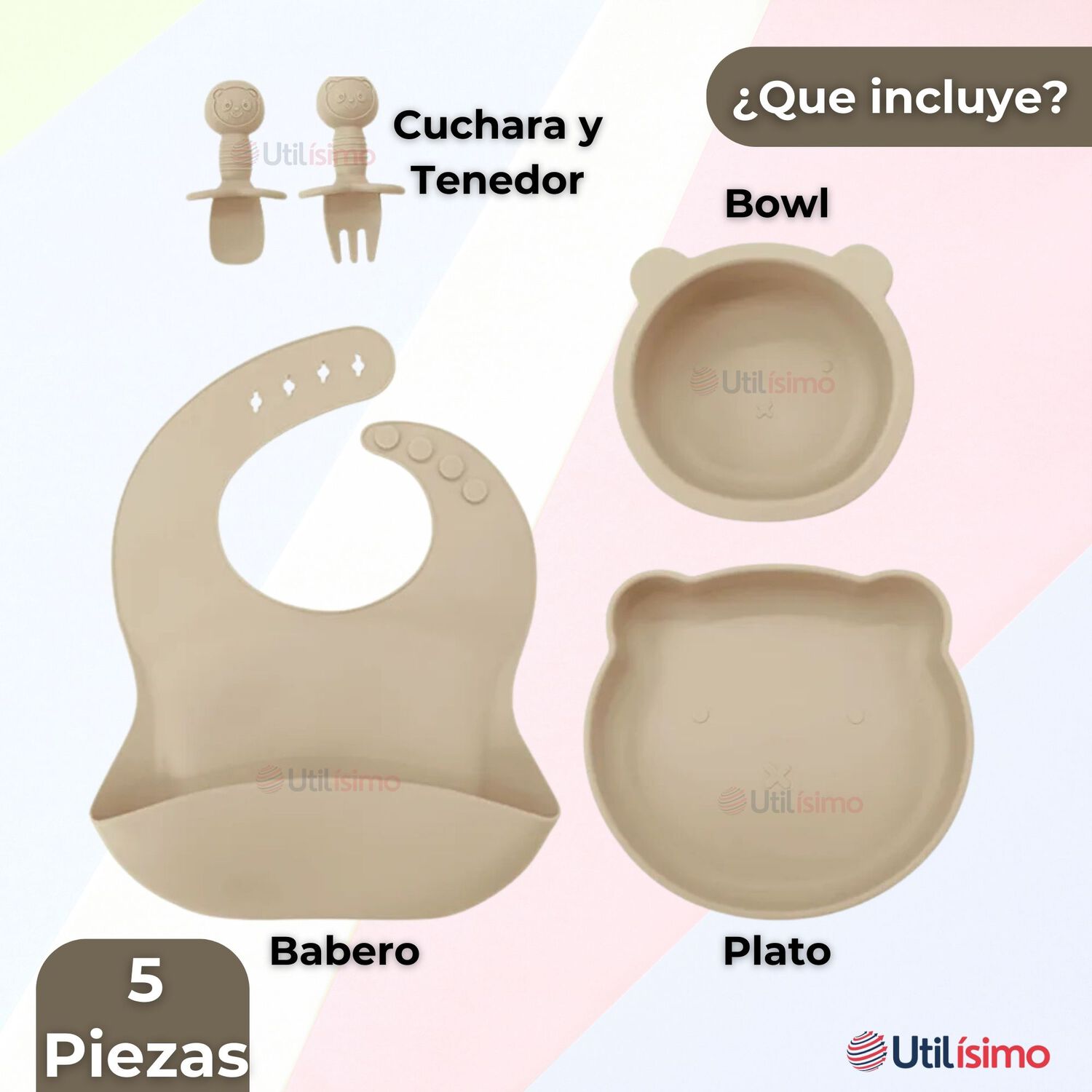 Set De Alimentaci&oacute;n Beb&eacute; Silicona 5 Piezas De Osito Libre Bpa Color Beige image number 3.0