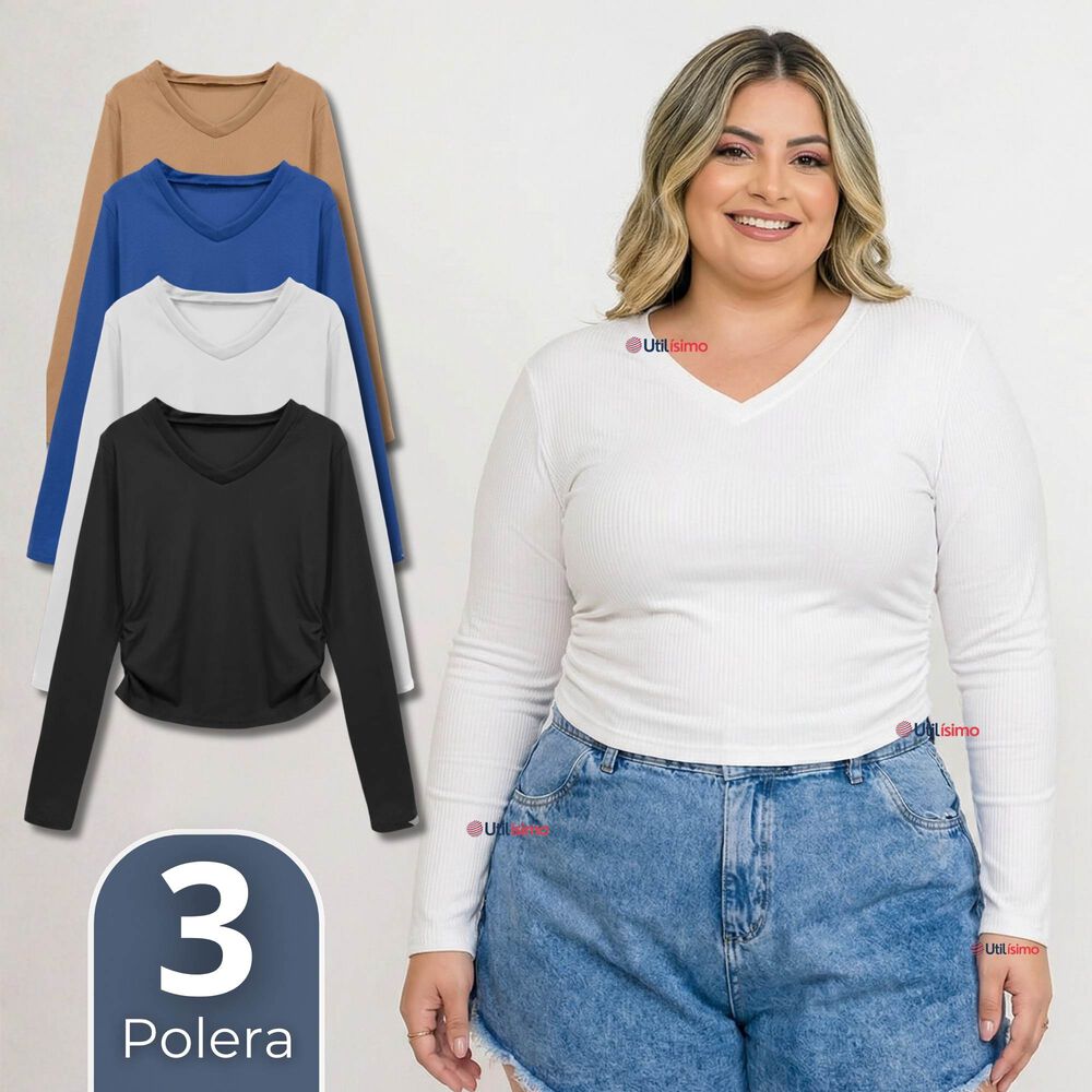 Pack 3 Camisetas Polar Polera Cuello V Mujer Manga Larga Tela Acanalada Colores Surtidos image number 0.0