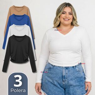 Pack 3 Camisetas Polar Polera Cuello V Mujer Manga Larga Tela Acanalada Colores Surtidos