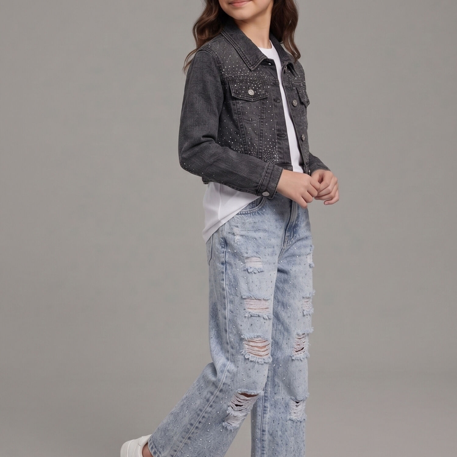Chaqueta Jeans Con Brillo Ni&ntilde;a Mezclilla Strass Corta image number 2.0