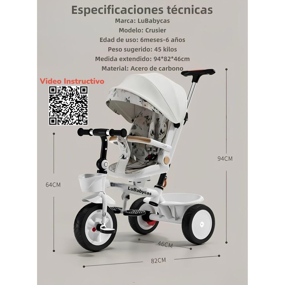 Triciclo Lubabycas 360&deg; Multiposiciones Con Mesita Blanco image number 7.0