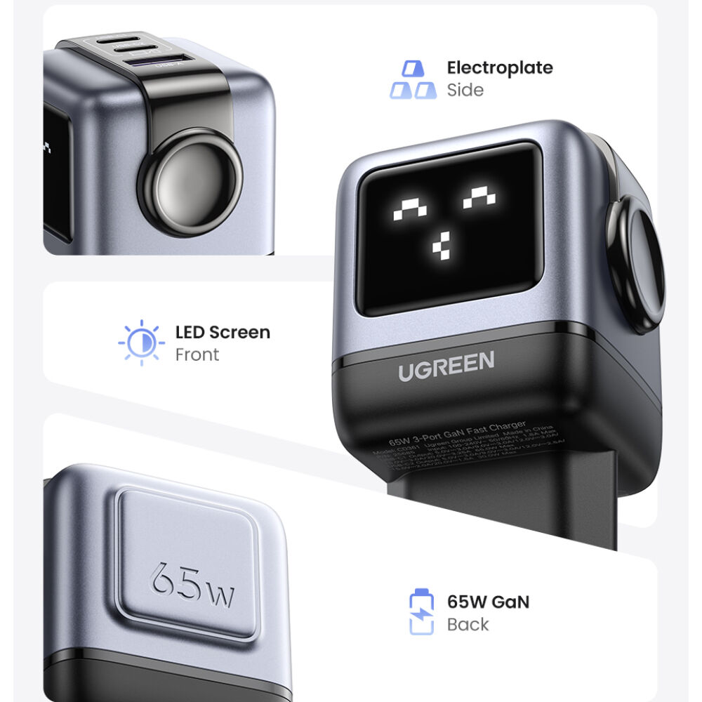 Robot Gan Tech Cargador 65w 1 Usb-a + 2 Usb-c Gris Ugreen Cd361 image number 2.0