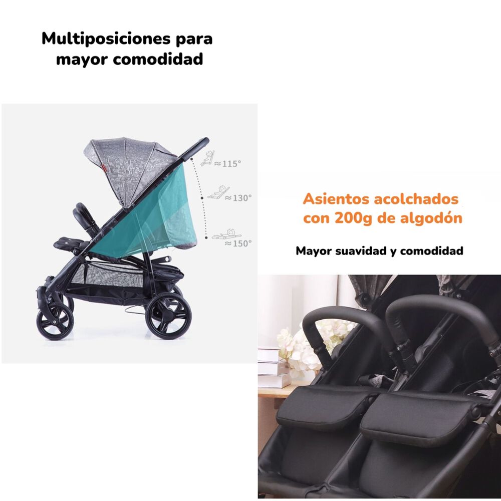 Coche Doble De Paseo Marco Aluminio Liviano Gris Lubabycas image number 7.0