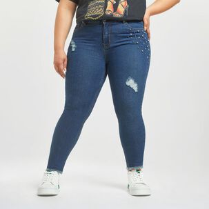 Jeans Talla Grande Aplicación Strass y Destroyer Slim Fit Mujer Sexy Large
