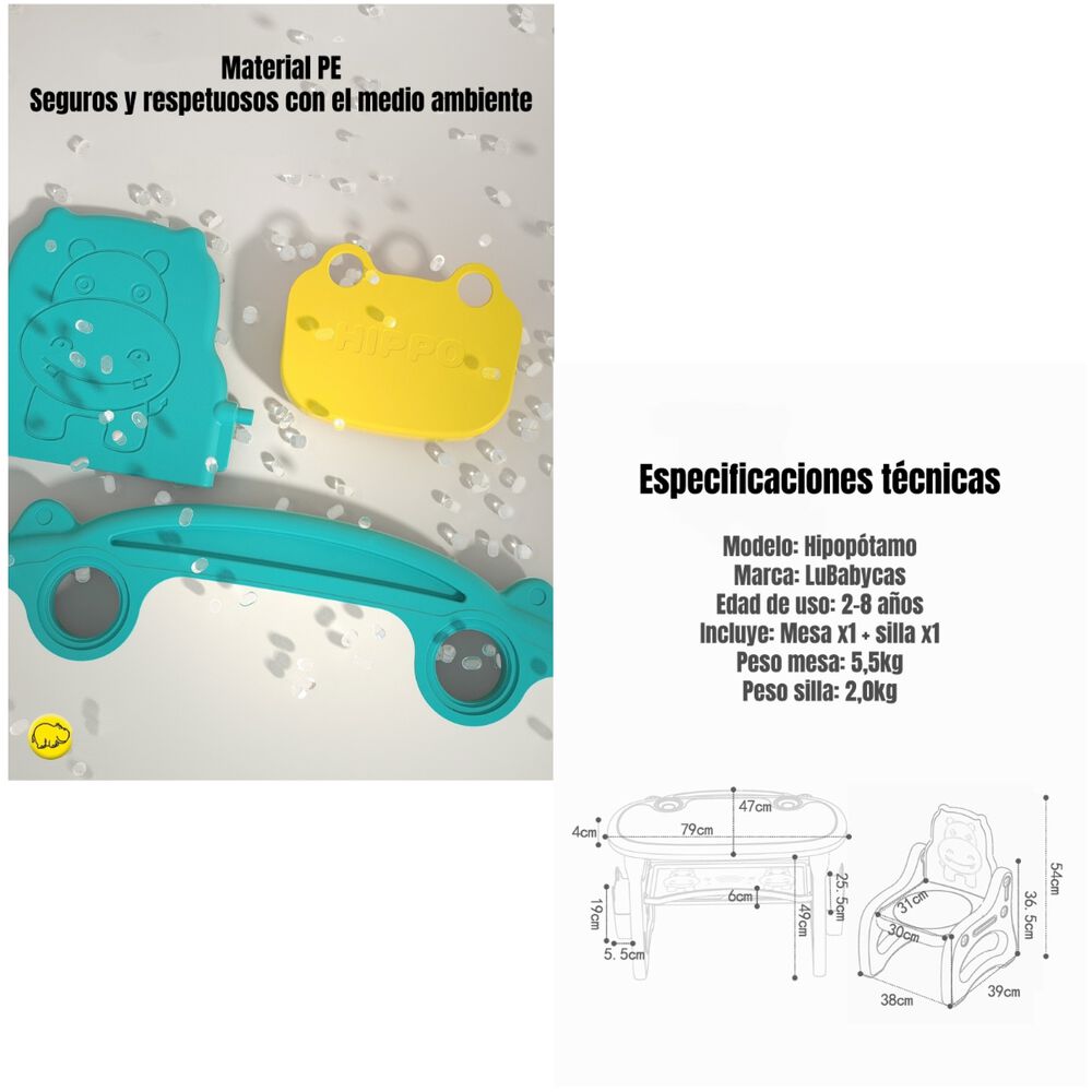 Mesa Con Silla Montessori Para Niños Hipopótamo Lubabycas image number 2.0