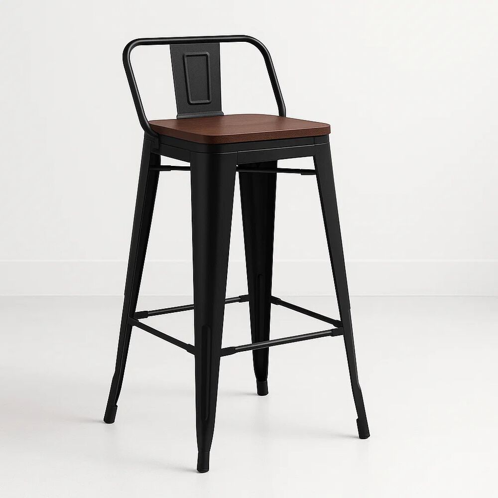 Taburete Tolix Negro Alto Con Respaldo Para Bar O Terraza - Asiento De Madera Oscura Walnut image number 0.0