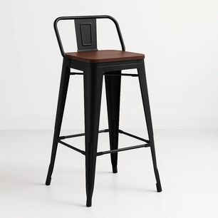 Taburete Tolix Negro Con Respaldo Para Bar O Terraza - Asiento De Madera Oscura Walnut