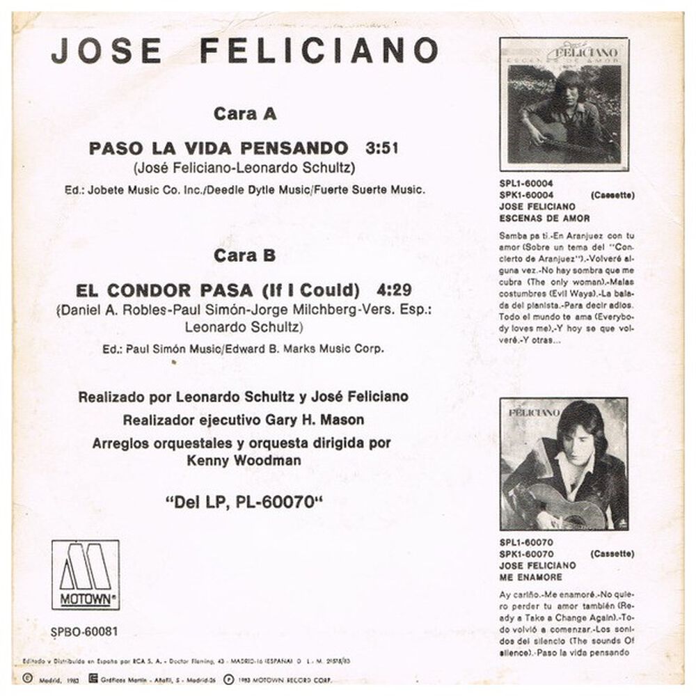 Jose Feliciano - Paso La Vida Pensando | 7" Single Vinilo Usado image number 1.0