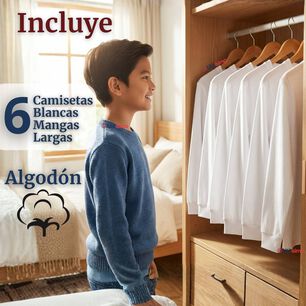 Pack 6 Camisetas Algod&oacute;n Manga Larga Polera Primera Capa Blanco Ni&ntilde;o