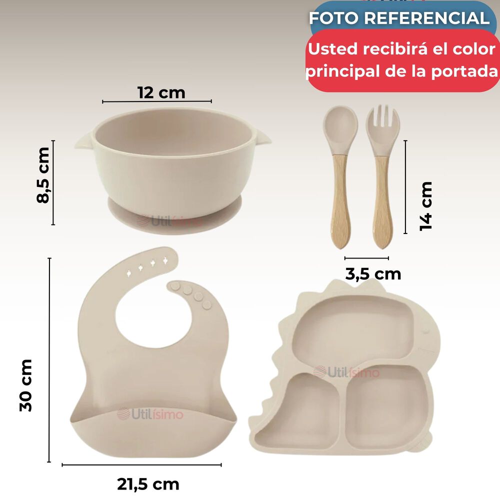 Set De Alimentación Bebé Silicona 5 Piezas Dinosaurio Libre Bpa Color Beige image number 2.0