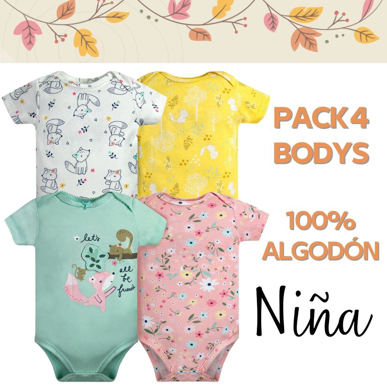 Pack 4 Bodys Ni&ntilde;a Manga Corta Tedmimak 100% Algod&oacute;n Animales Animados image number 4.0