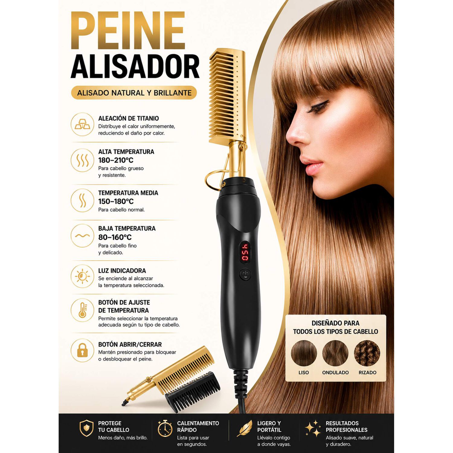 Peine Cepillo Alisador Profesional Gold Ceramic Unisex image number 7.0