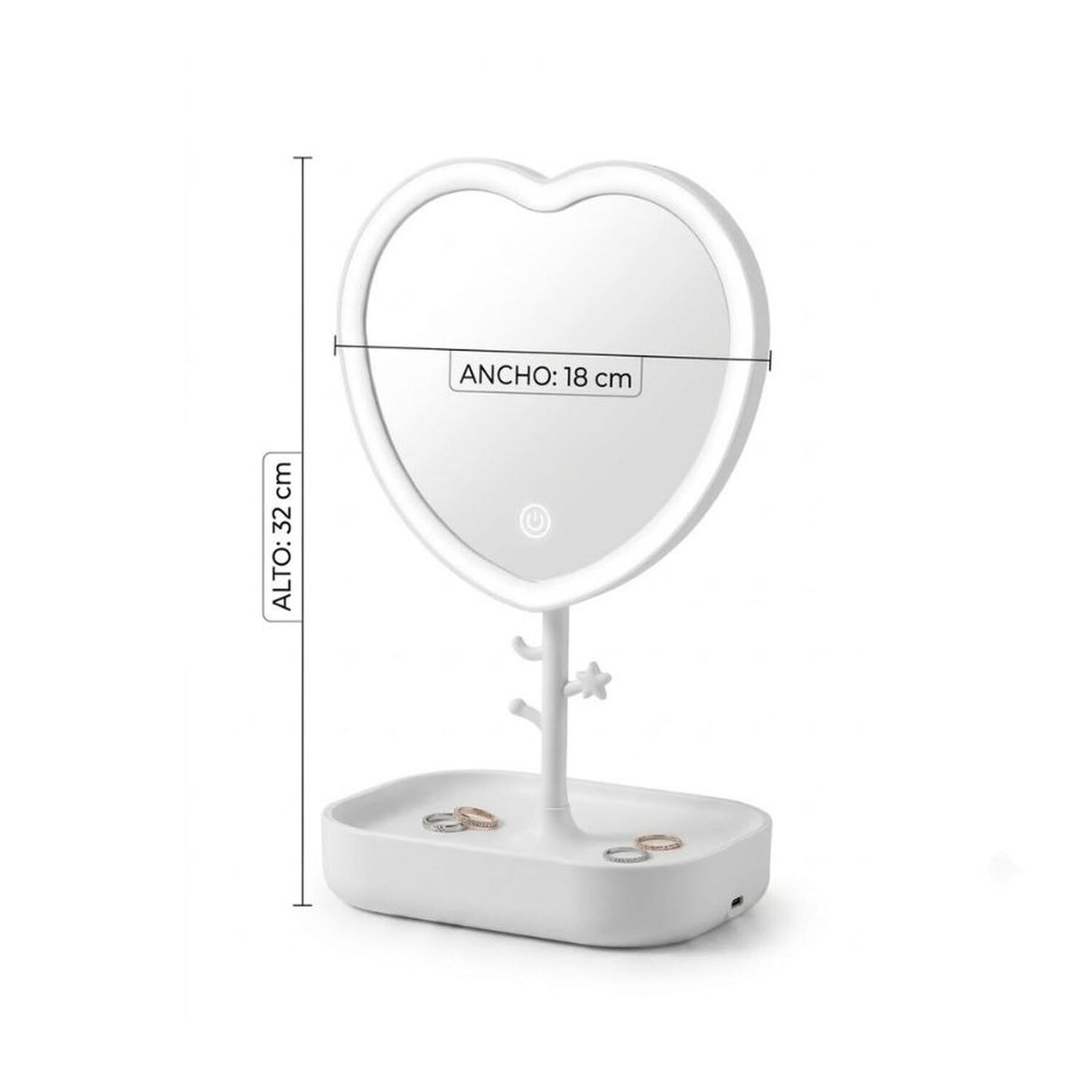 Espejo Maquillaje Led Coraz&oacute;n Blanco Con Base Organizadora Usb image number 4.0