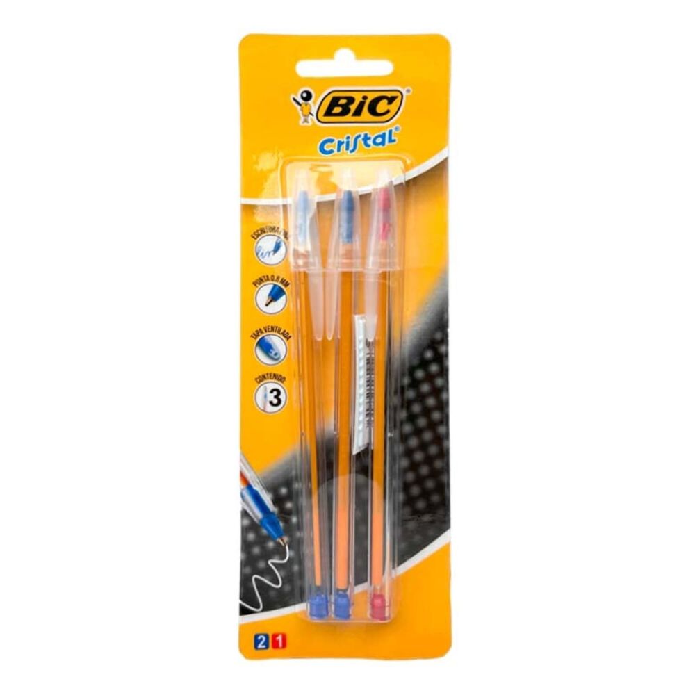 Pack X 4 Blister 3 Bolígrafos Cristal Fino / 2 Azul 1 Rojo Bic image number 0.0