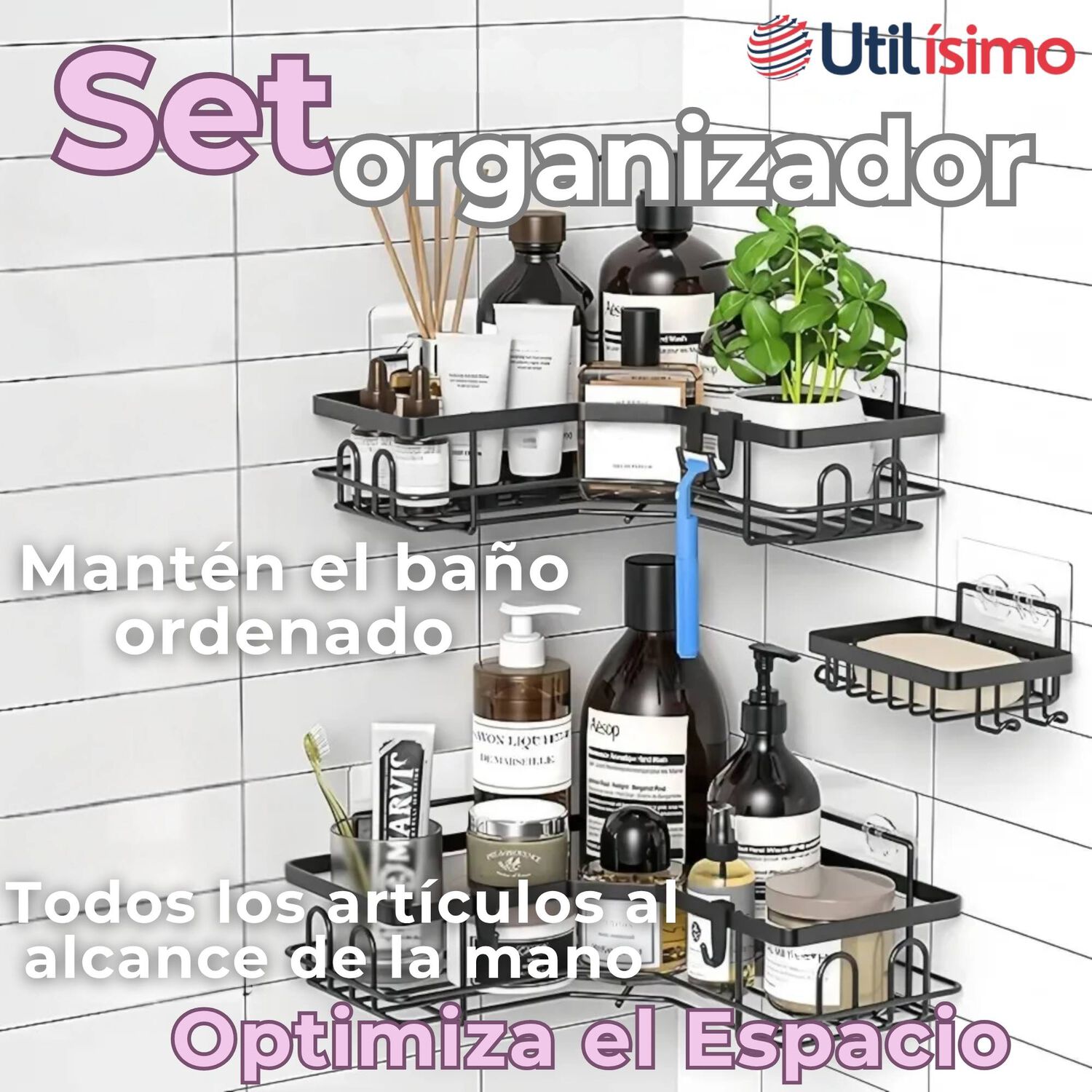 Set Organizador Esquinero Ba&ntilde;o 5 Piezas Acero Inoxidable Instalaci&oacute;n Adhesiva image number 1.0