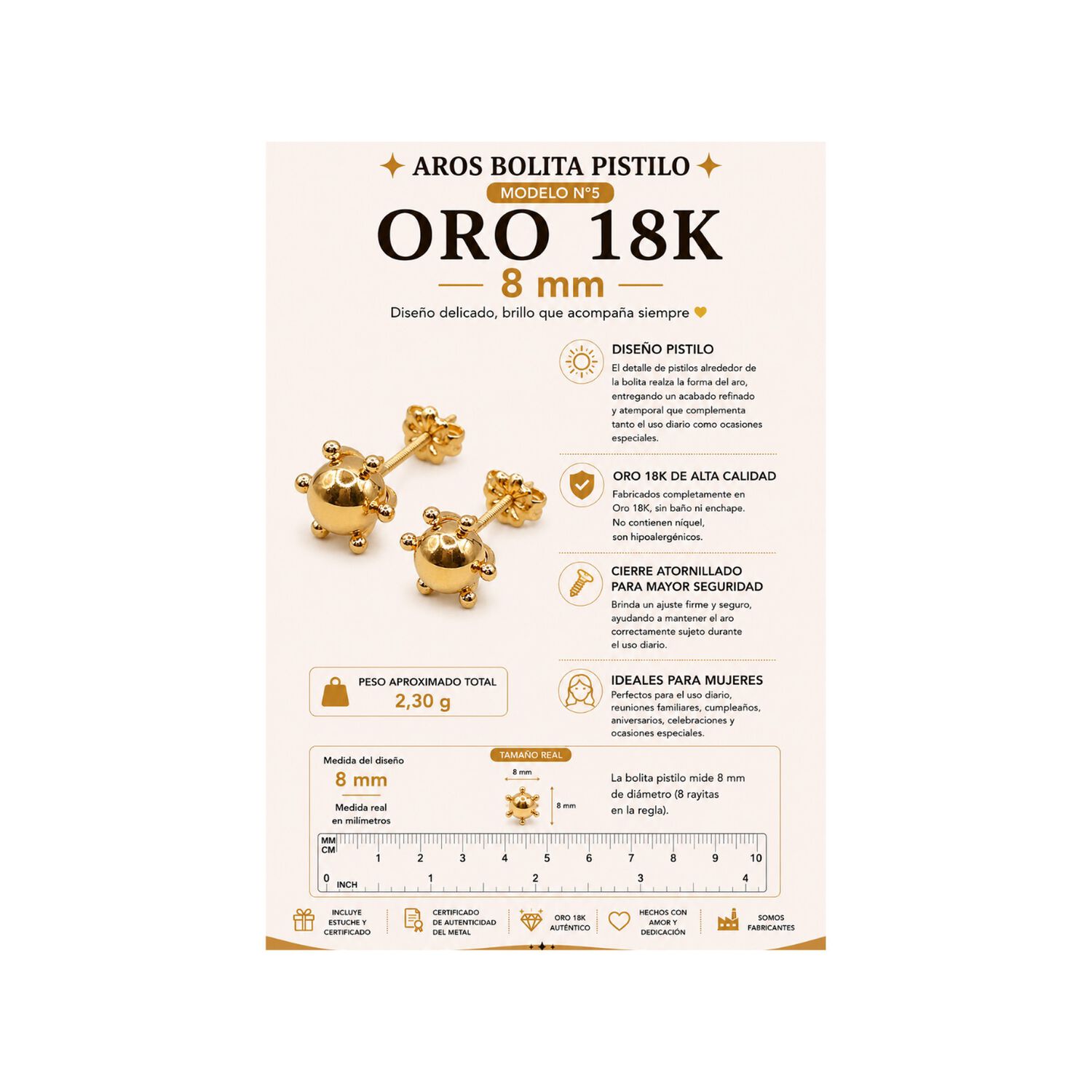 Aros Bolita Pistilo 8mm No5 Oro 18k 2.30gr Regalo Mujer Dorado image number 2.0