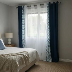 Set De Cortinas Lino Combinadas Azul + Visillos 4 Pa&ntilde;os