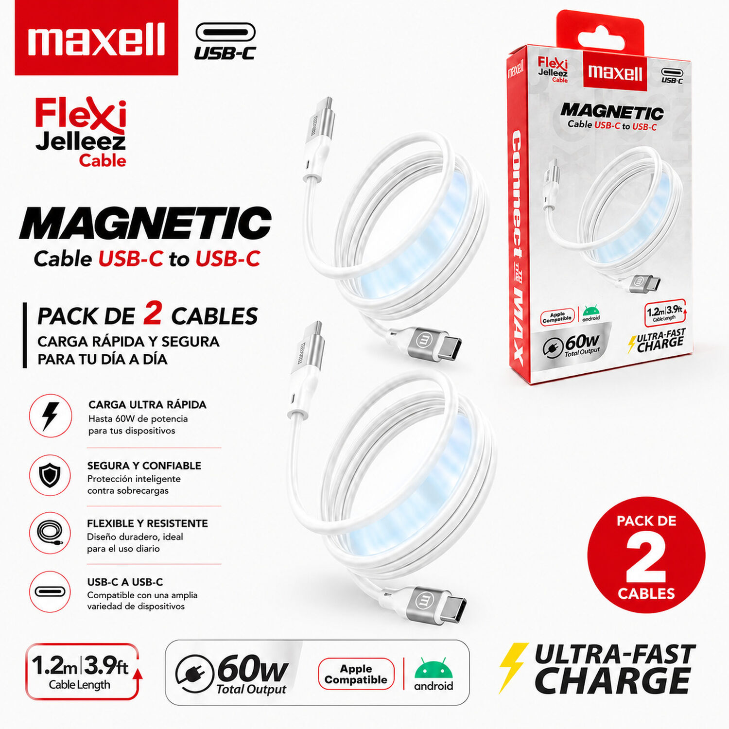Pack 2 Cable Magn&eacute;tico 60w Usb C A Usb C Maxell 1.2 Metros Carga R&aacute;pida Negro image number 2.0