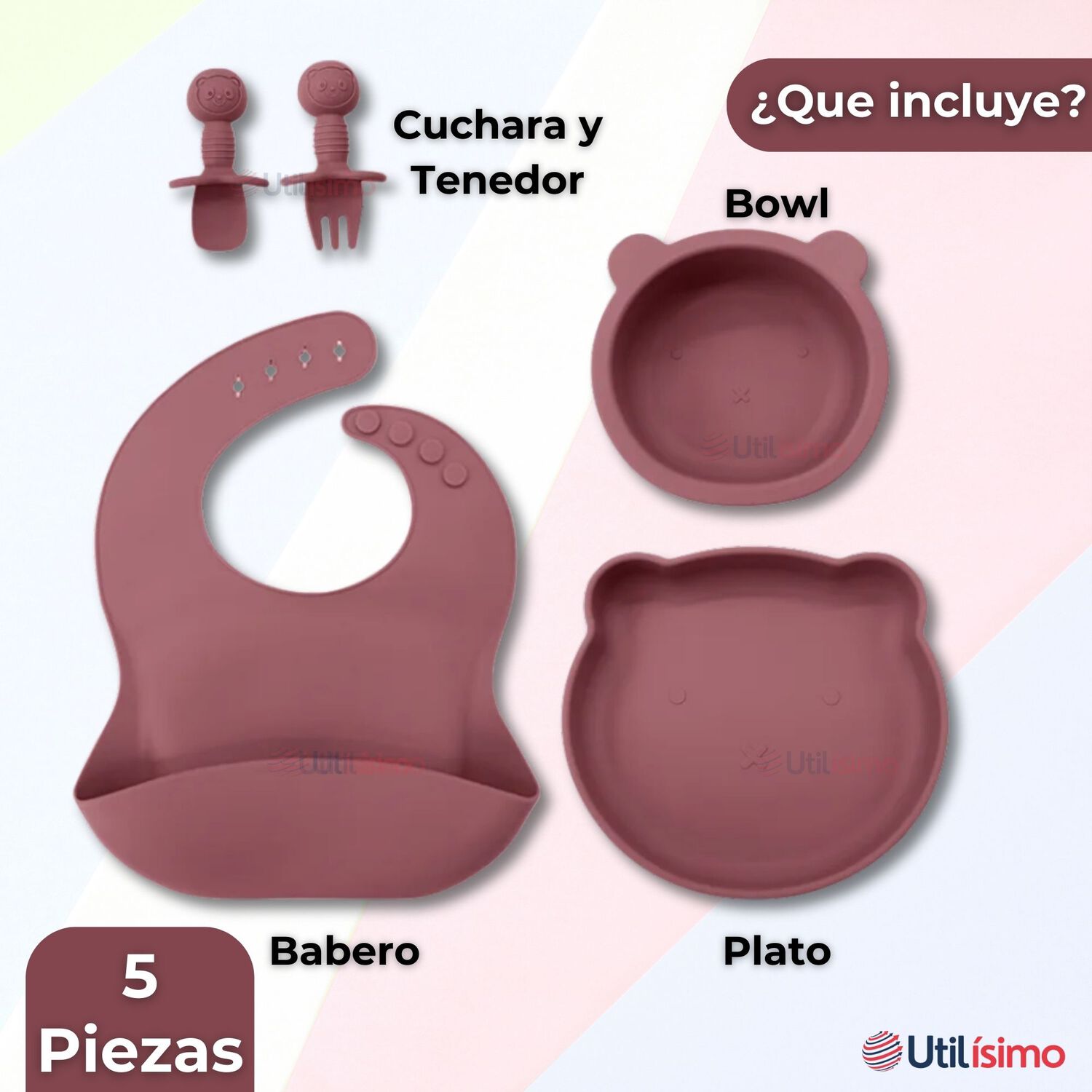 Set De Alimentaci&oacute;n Beb&eacute; Silicona 5 Piezas De Osito Libre Bpa Rosa image number 3.0